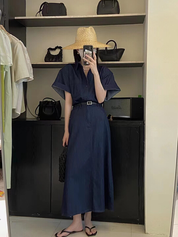 [Zoe Zoe] Korean style short sleeve denim shirt + medium length net color skirt suit (with belt) c726\zjy