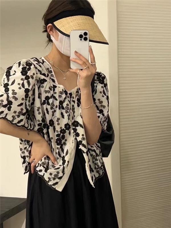 [m.zi studio] square neck Floral Embroidery Shirt 5866\hbx