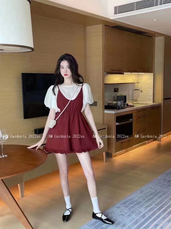 [Han C family] solid color pullover shirt + sleeveless crimped dress set 6410\pcz