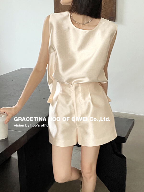 [gracetina Hoo] mulberry silk three-dimensional sleeveless Shorts Set (pearlescent frosted) tz2145\cqw