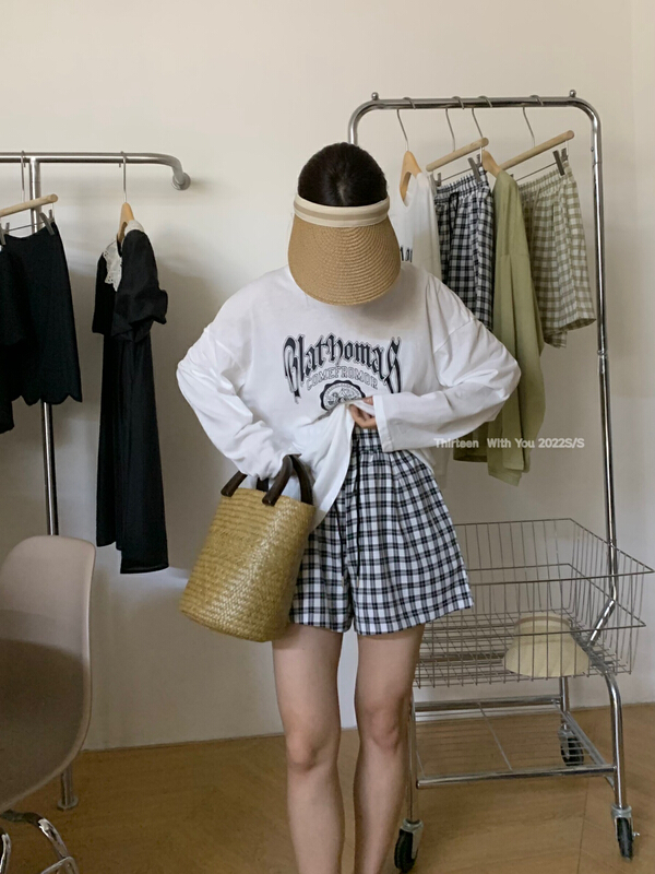 [thirten 13] simple casual letter printed long sleeve T-shirt + Plaid casual pants set 3128\xyy