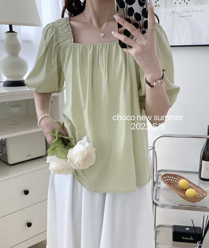[choco] small fresh solid color square neck bubble sleeve shirt 8351\hbx