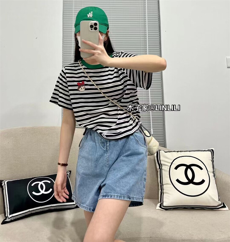 [Muzi family] little girl print Stripe Drawstring short sleeve T-shirt 66967\xyy