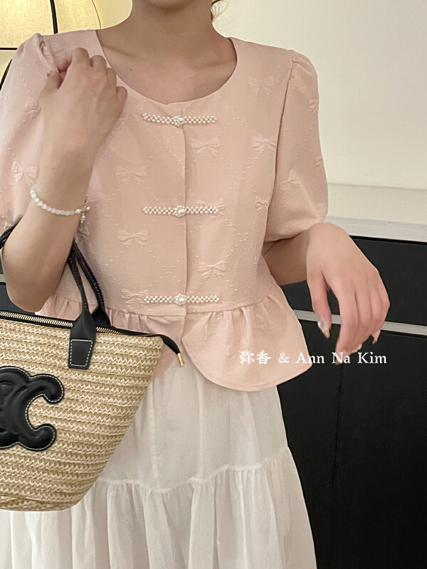[Mi Xiang] national style disc button jacquard bubble sleeve short shirt 5500\hjy