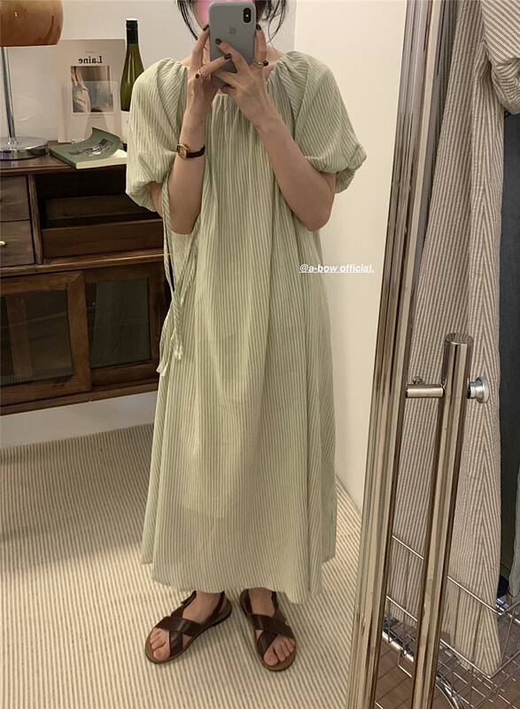 [a-bow studio] fashion stripe round neck dress (with waist rope) 15200\zjy