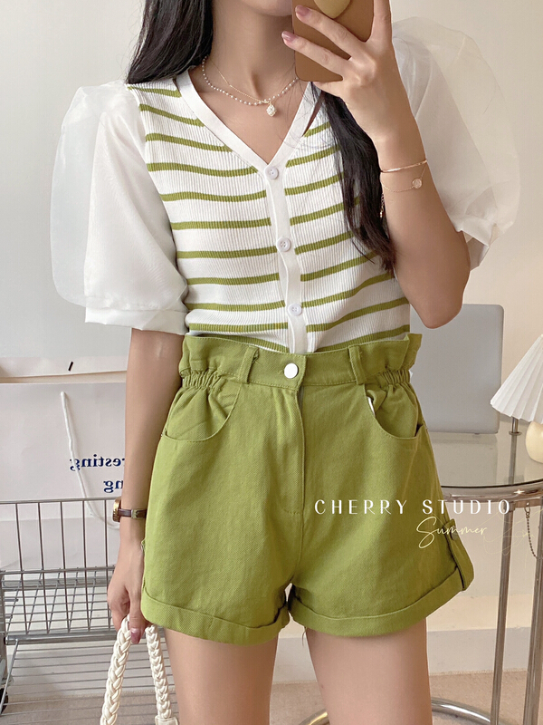 [cherry studio] Korean song bead stitched bubble sleeve T-shirt 5262\hbx