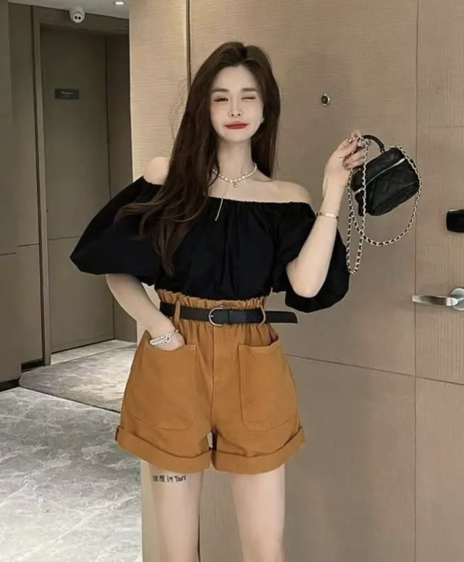 [JH] net red one shoulder Lantern Sleeve short sleeve shirt + high waist casual Shorts Set (with belt) 41970\pcz