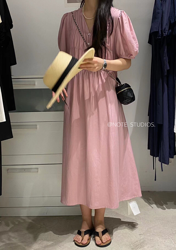 [note] Korean Solid Color Bubble Sleeve V-neck dress 22512\hbx