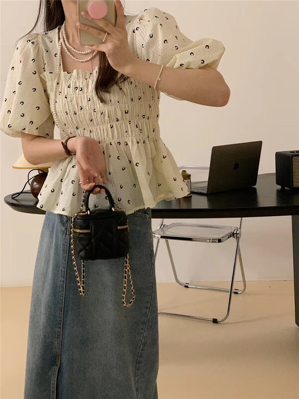 [OA] square neck bubble sleeve small fresh shirt ys1-1301\xyy