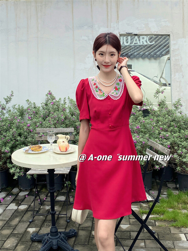 [A-One] temperament retro embroidery high waist dress 22180\hjy