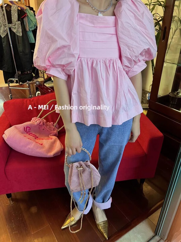 [A Mei A Mei] sweet and cute Lantern Sleeve Square Neck Shirt 22805\hbx