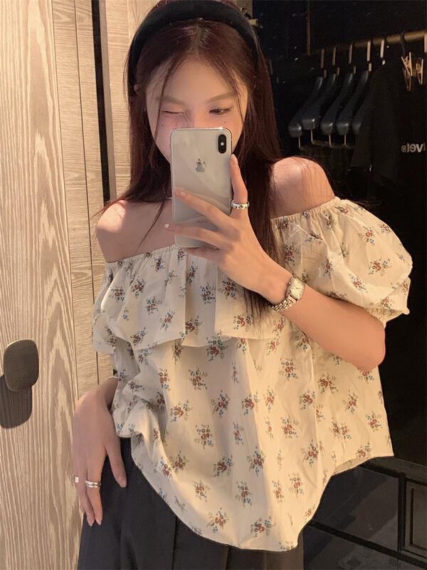 [dolly] elastic off shoulder small floral bubble sleeve shirt 1220\pcz