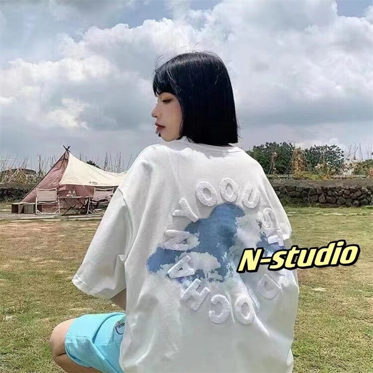 【N】 Neutral casual loose letter flocking design loose short sleeve T-shirt 0977\wtt