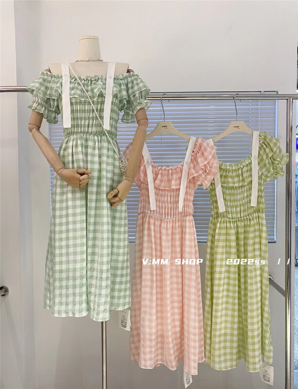 [v:mm] Korean color blocking checked off shoulder dress 3302\cls