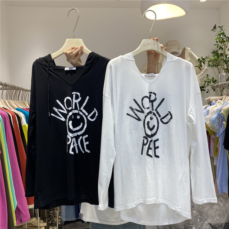 [new time /l&y home] hooded smiley face printed loose sunscreen long sleeve T-shirt 38877\xyy