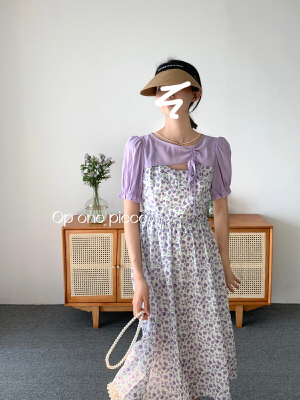 [OP one piece] fake two piece patchwork floral dress 3301\hjy