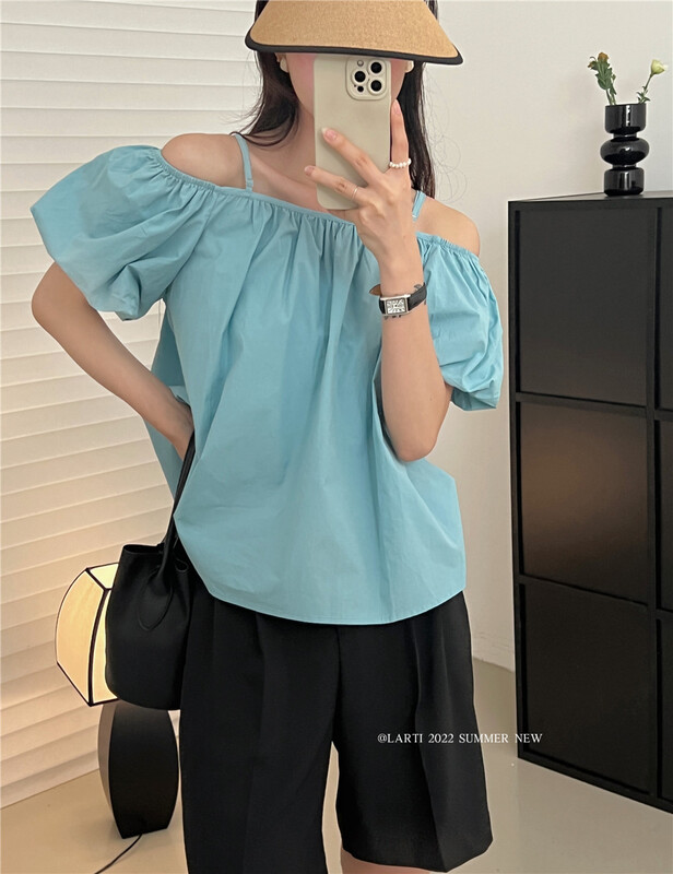 [larti] casual simple solid color bubble sleeve shirt 8633\ll