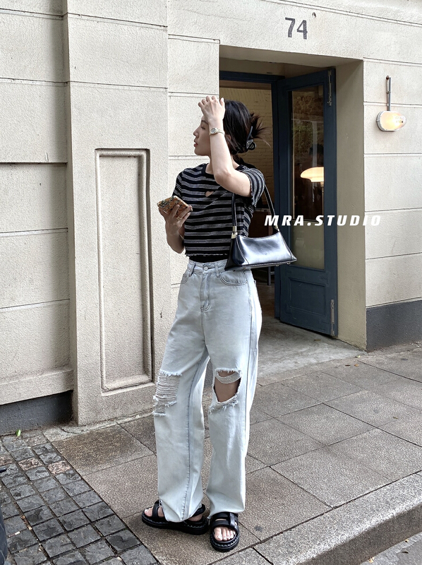 [MRA] design trend hole breaking high waist jeans M1905