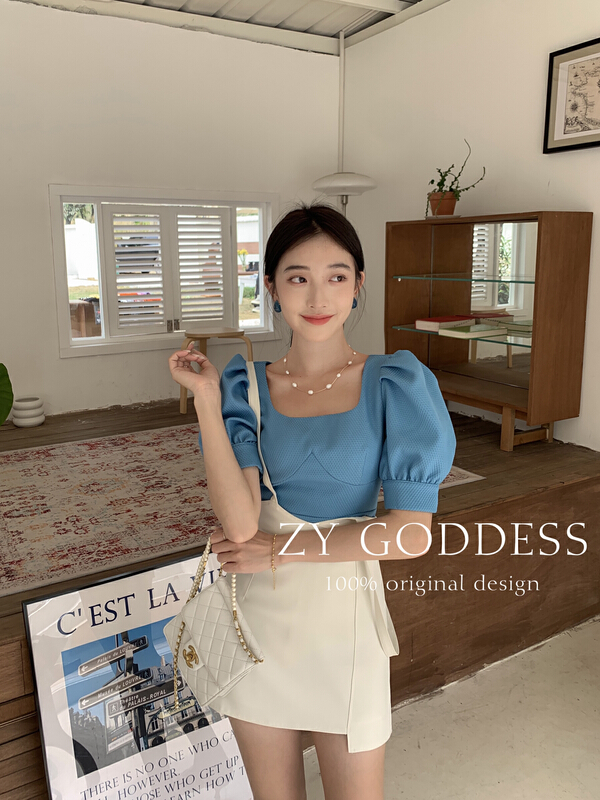In early summer! 【 ZY 】 temperament lady bubble short sleeve simple square neck loose shirt 68222\ozq