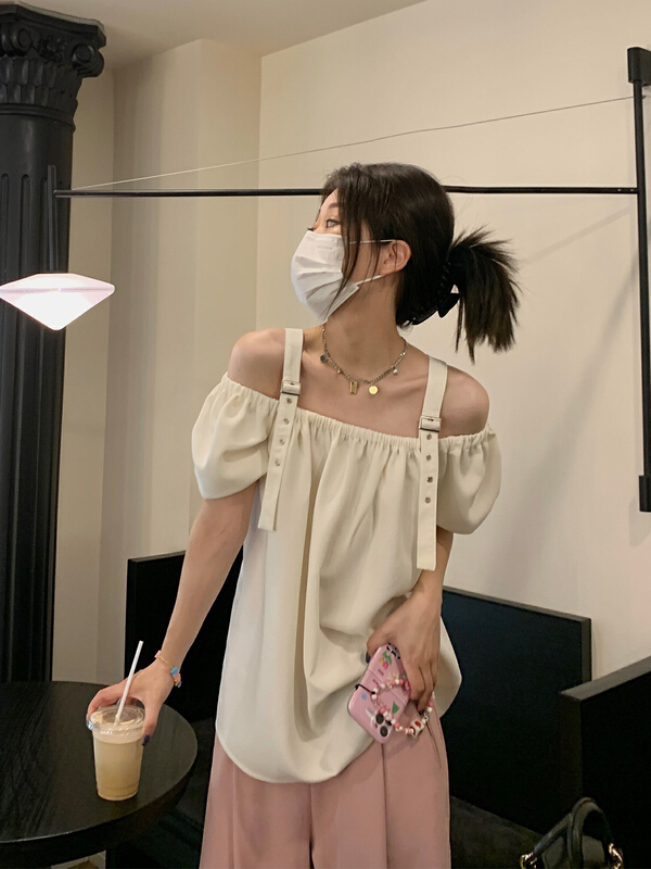 [wgwe] bubble sleeve off shoulder sling shirt 1888\pcz