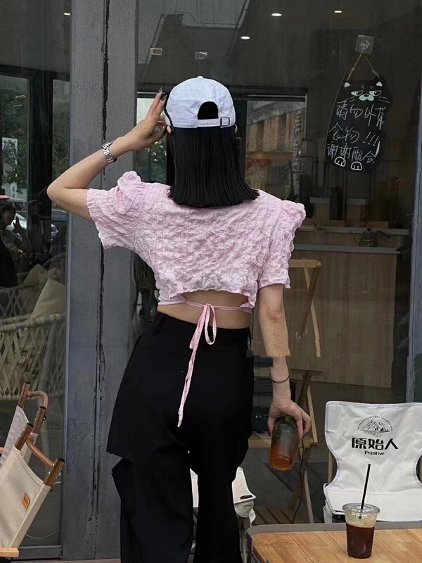 [Yan Zhen] French round neck lace up short shirt 98844\pcz