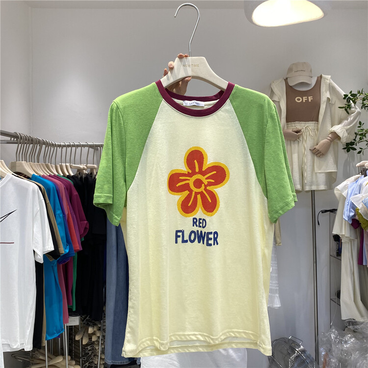 [new time /l&y home] contrast round neck red floret short sleeve T-shirt 3151\xyy