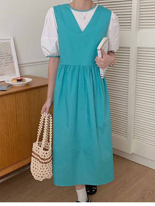 【 baerman 】 Korean color matching Short Sleeve Top + solid color vest skirt two piece suit 9359\hbx