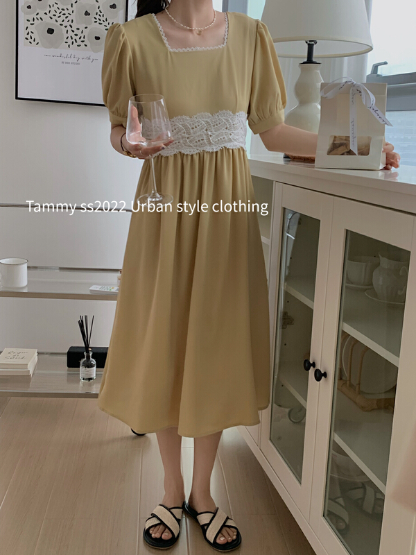 [Tammy] Square Neck Lace Waist romantic slim dress 71763\l