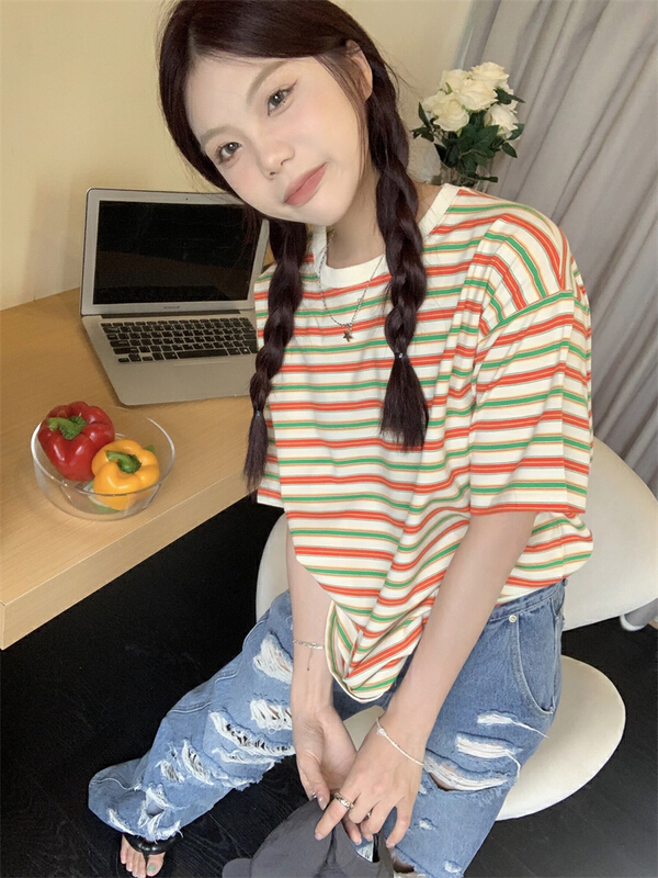 [dolly] loose and versatile color stripe short sleeve T-shirt 4688\pcz