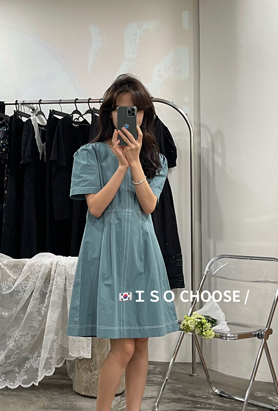 [ISO Korean] Korean style temperament: slim waist with French bubble sleeve dress 3128\hjy