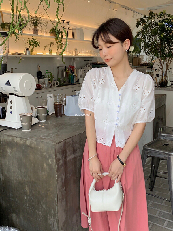 [seek peach] V-neck single breasted comfortable shirt (only selling shirts) 5336\ll