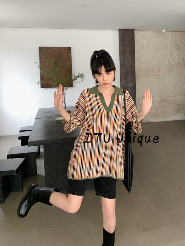 [DTU] Japanese simple Polo neck stripe loose shirt 33028\lsl