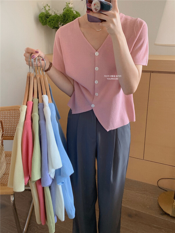 [your room] Korean V-neck splicing short T-shirt 3611\zxx