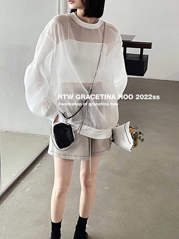 [gracetina Hoo] design sense stitching silhouette mesh sunscreen shirt wy653\cqw