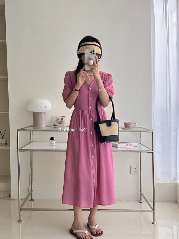 [TW2] Korean V-neck single breasted loose dress 19207\hbx