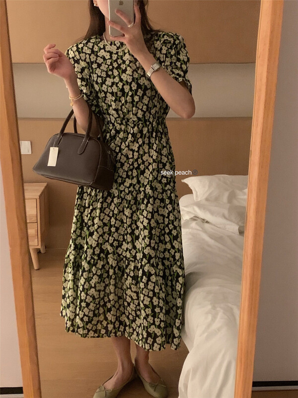 [seek peach] French round neck floral bubble sleeve dress s5251\ll