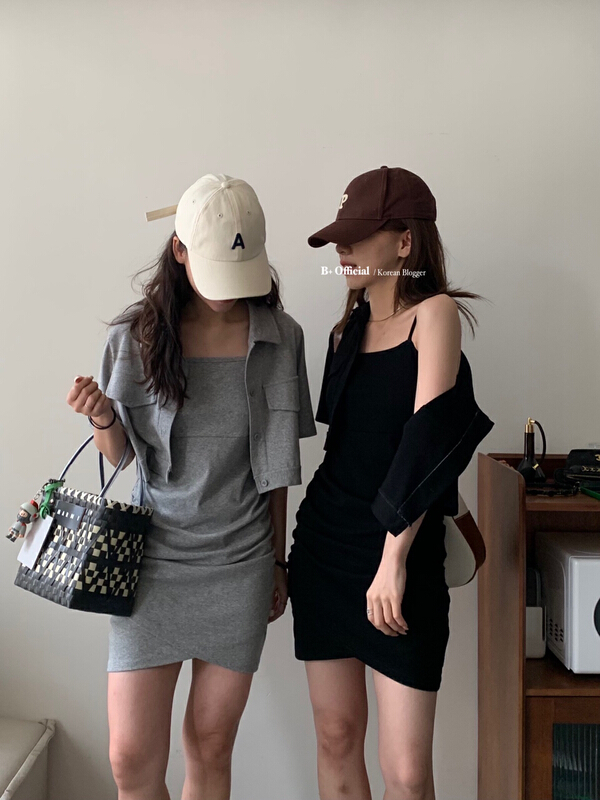 [B plus] leisure simple short sleeve coat + sling slim dress set 22-9532-2\hbx