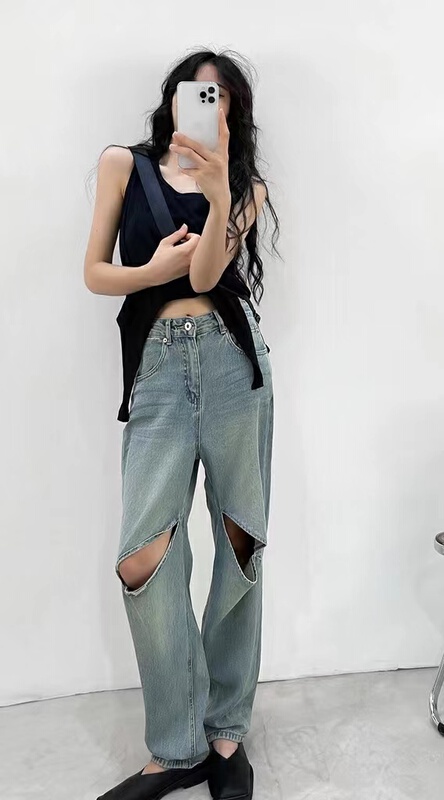 [AI x2 denim] Korean version of versatile high waisted and perforated personalized mopping jeans 3719\hjy