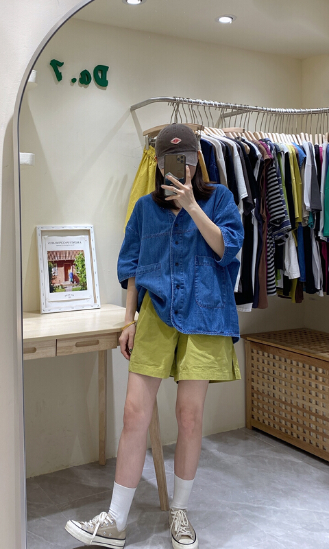 [da.7] casual simple V-neck denim shirt 2662-\lsl