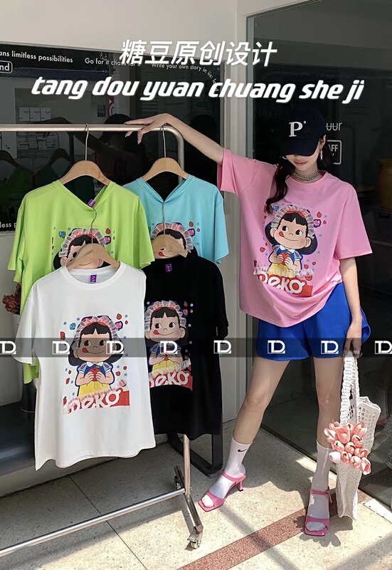 [original by tangdou] loose round neck Pullover cartoon printed screen edge sweet short sleeve T-shirt 9672\wtt