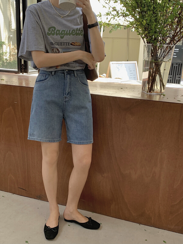 [meet me] Retro High waist straight tube denim shorts 81080\ll