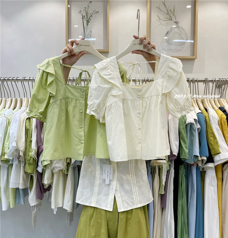[Max original] square collar, button up design, lace up shirt 98229\hbx