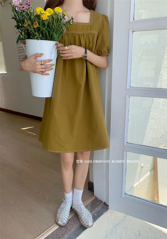 [imagine sailormoon] Korean version contrast color bright line bubble sleeve loose dress 60132\xyy
