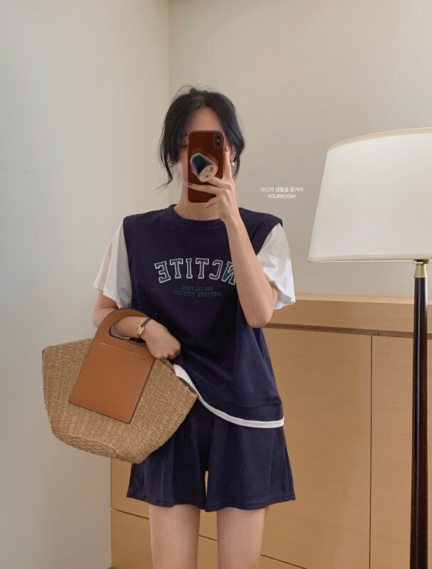 [your room] Korean letter fake two short sleeve T-shirts + sports casual shorts two sets 559\zxx