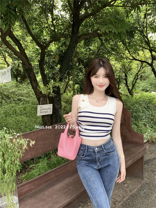 [mint tea] round neck stripe versatile vest / sling 22120\zjy