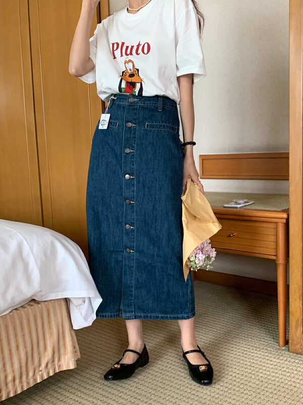 [meet me] simple and versatile single breasted denim skirt 61302\ll