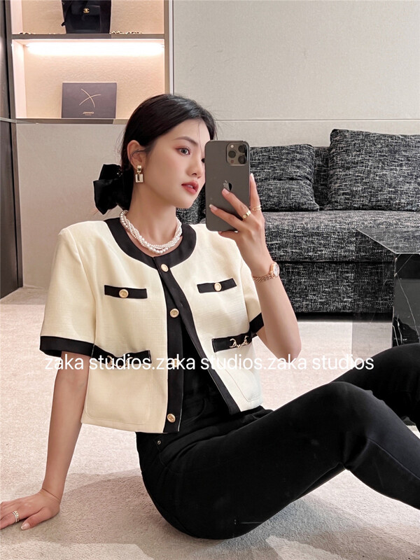 [Zaka] small fragrance round neck double pocket short sleeve shirt z58256\ll