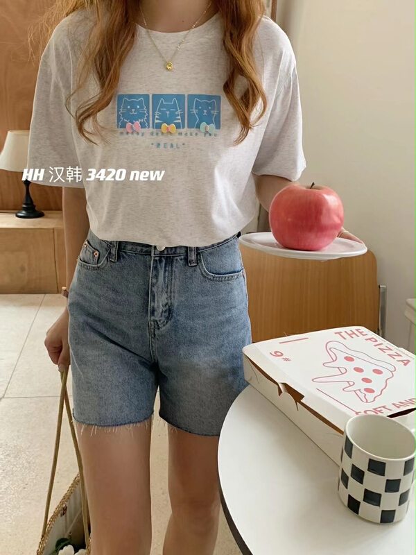 [HH &miss Lai] casual cartoon ice porcelain cotton embossed short sleeve T-shirt 3420\l