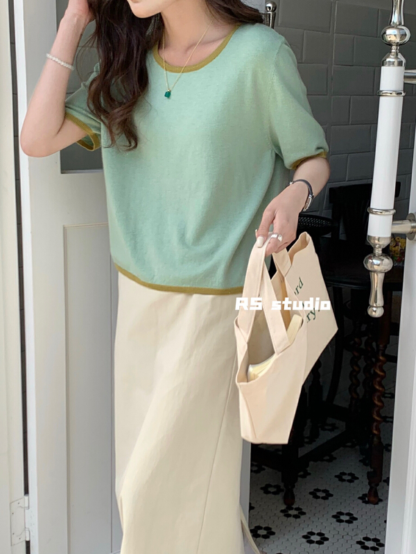 Original price 50.76! [RS] contrast edge short sleeve loose knit m1020\xyy