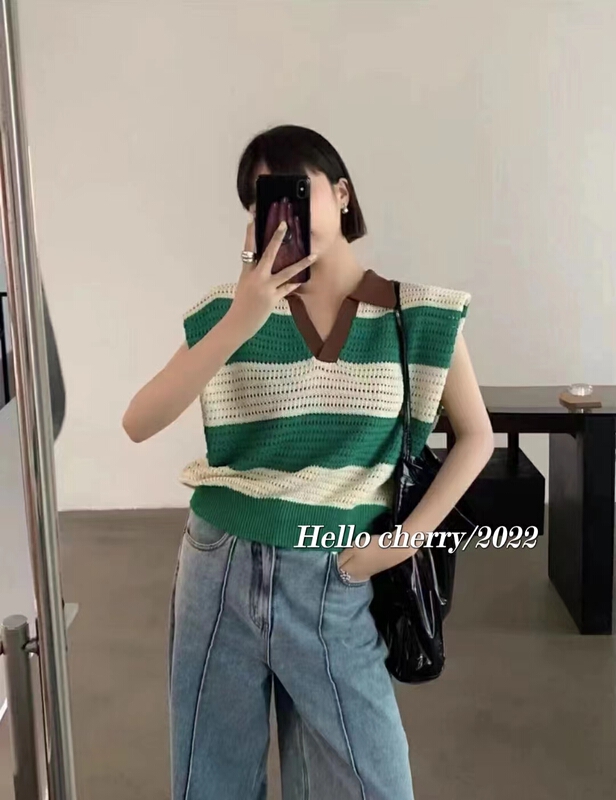 [Hello cherry] stripe loose and versatile short sleeve T-shirt 3336\wtt
